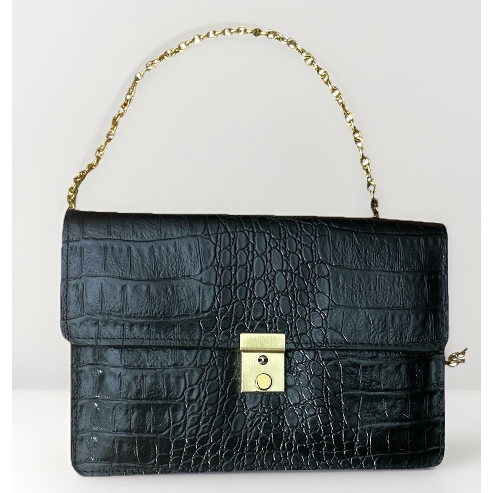 Vintage Black Croc Embossed Leather Clutch Chain Evening Bag Gold Hardware Korea
